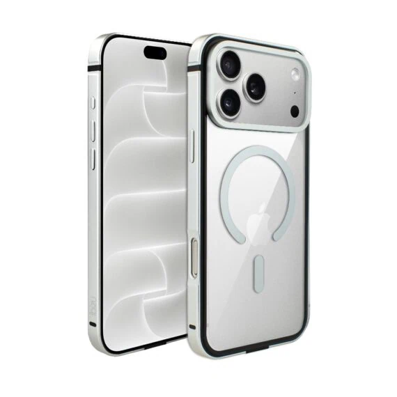 etui do iphone 18 pro max ibizu elite skin z magsafe, krystalicznie czyste z metalową ramką, srebrne