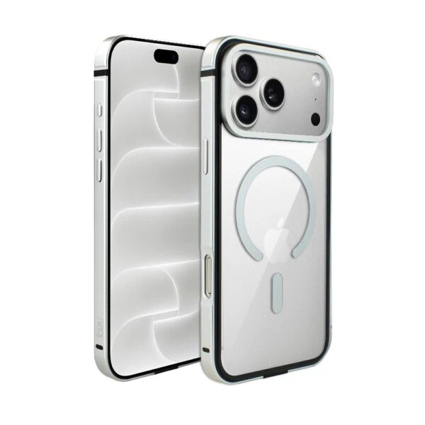 Etui do iPhone 18 Pro Max IBIZU Elite Skin z MagSafe, krystalicznie czyste z metalową ramką, srebrne