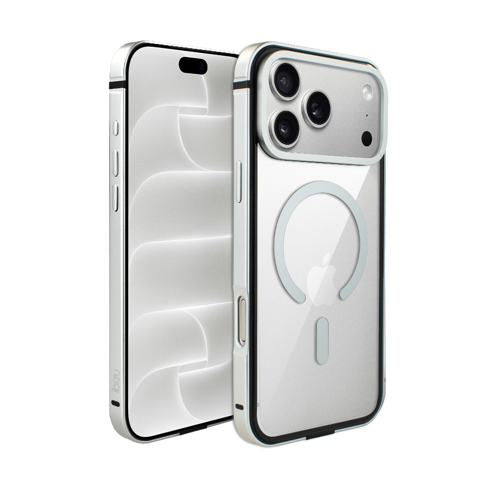etui do iphone 18 pro max ibizu elite skin z magsafe, krystalicznie czyste z metalową ramką, srebrne