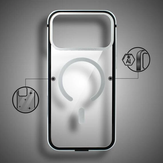 etui do iphone 18 pro max ibizu elite skin z magsafe, krystalicznie czyste z metalową ramką, srebrne