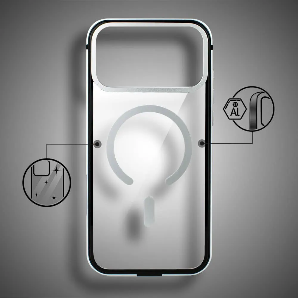 etui do iphone 18 pro max ibizu elite skin z magsafe, krystalicznie czyste z metalową ramką, srebrne