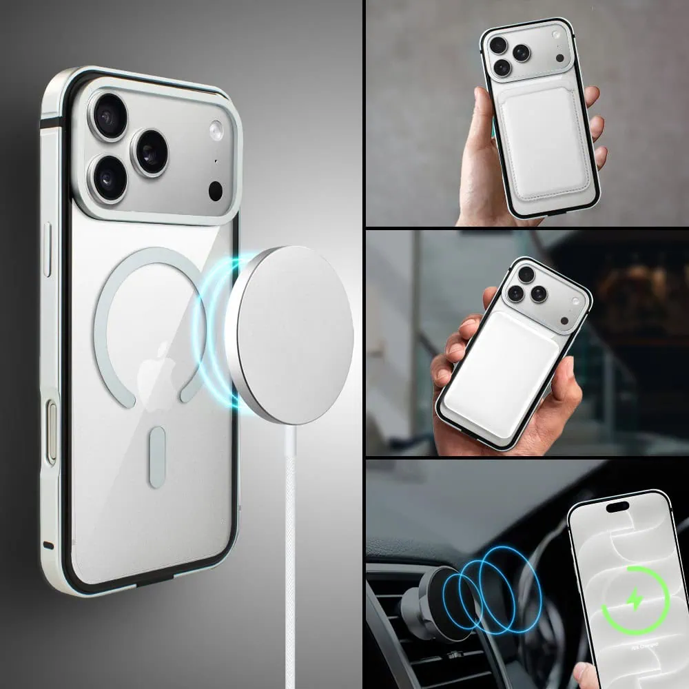 etui do iphone 18 pro max ibizu elite skin z magsafe, krystalicznie czyste z metalową ramką, srebrne