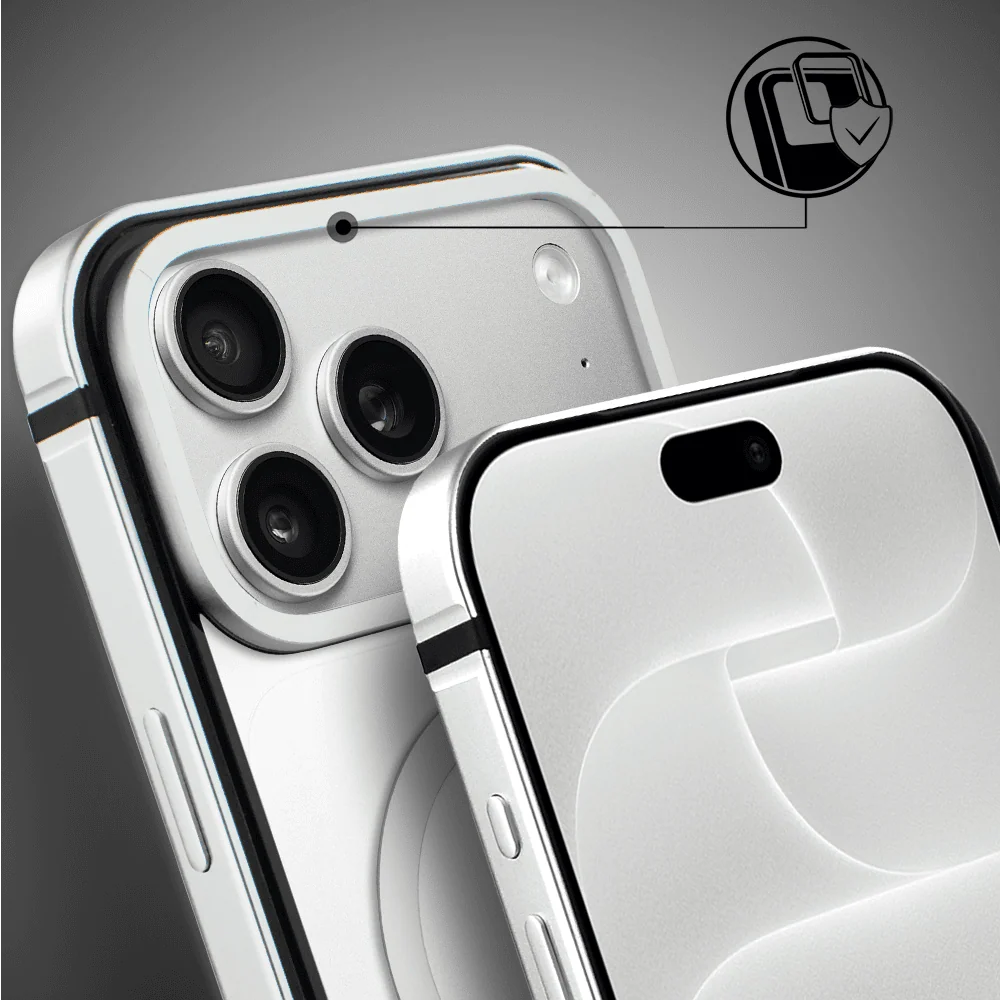 etui do iphone 18 pro max ibizu elite skin z magsafe, krystalicznie czyste z metalową ramką, srebrne