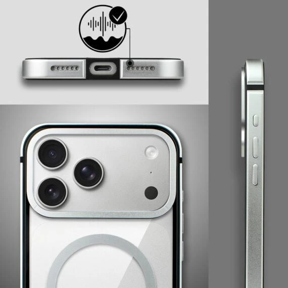 etui do iphone 18 pro max ibizu elite skin z magsafe, krystalicznie czyste z metalową ramką, srebrne