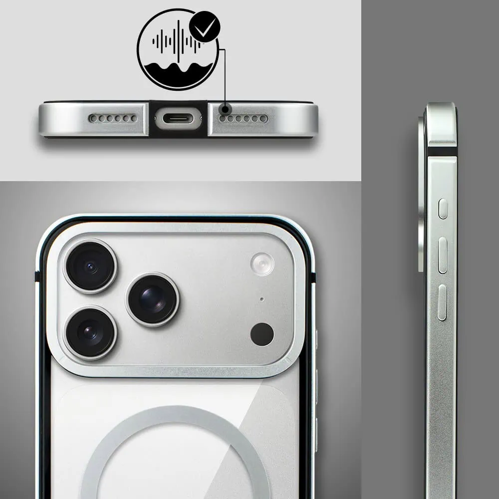 etui do iphone 18 pro max ibizu elite skin z magsafe, krystalicznie czyste z metalową ramką, srebrne