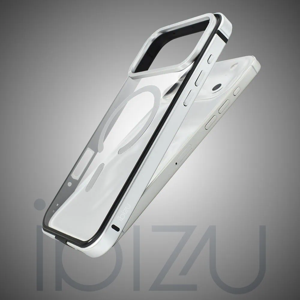 etui do iphone 18 pro max ibizu elite skin z magsafe, krystalicznie czyste z metalową ramką, srebrne