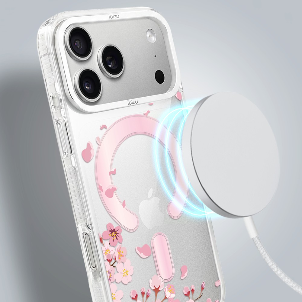 etui do iphone 18 pro max ibizu pretty clear, metalowa osłona aparatu, przeźroczyste do magsafe, kwiat wiśni