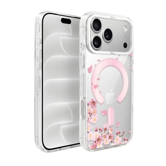 etui do iphone 18 pro max ibizu pretty clear, metalowa osłona aparatu, przeźroczyste do magsafe, kwiat wiśni