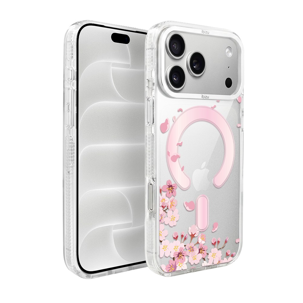 etui do iphone 18 pro max ibizu pretty clear, metalowa osłona aparatu, przeźroczyste do magsafe, kwiat wiśni