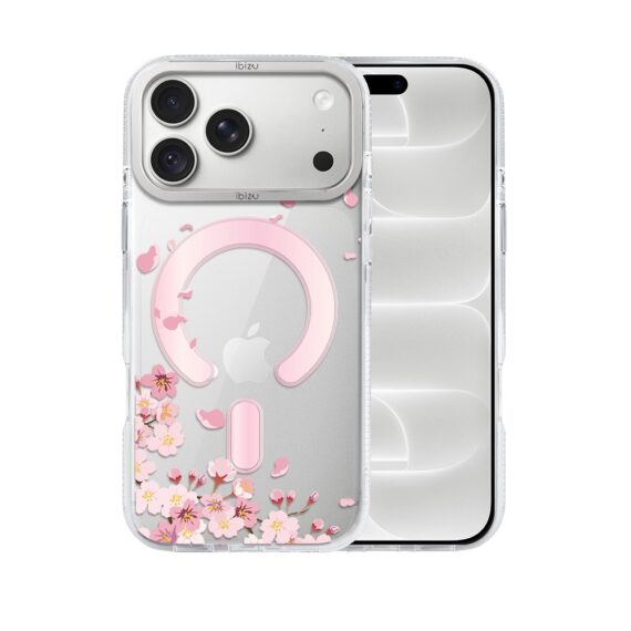 etui do iphone 18 pro max ibizu pretty clear, metalowa osłona aparatu, przeźroczyste do magsafe, kwiat wiśni