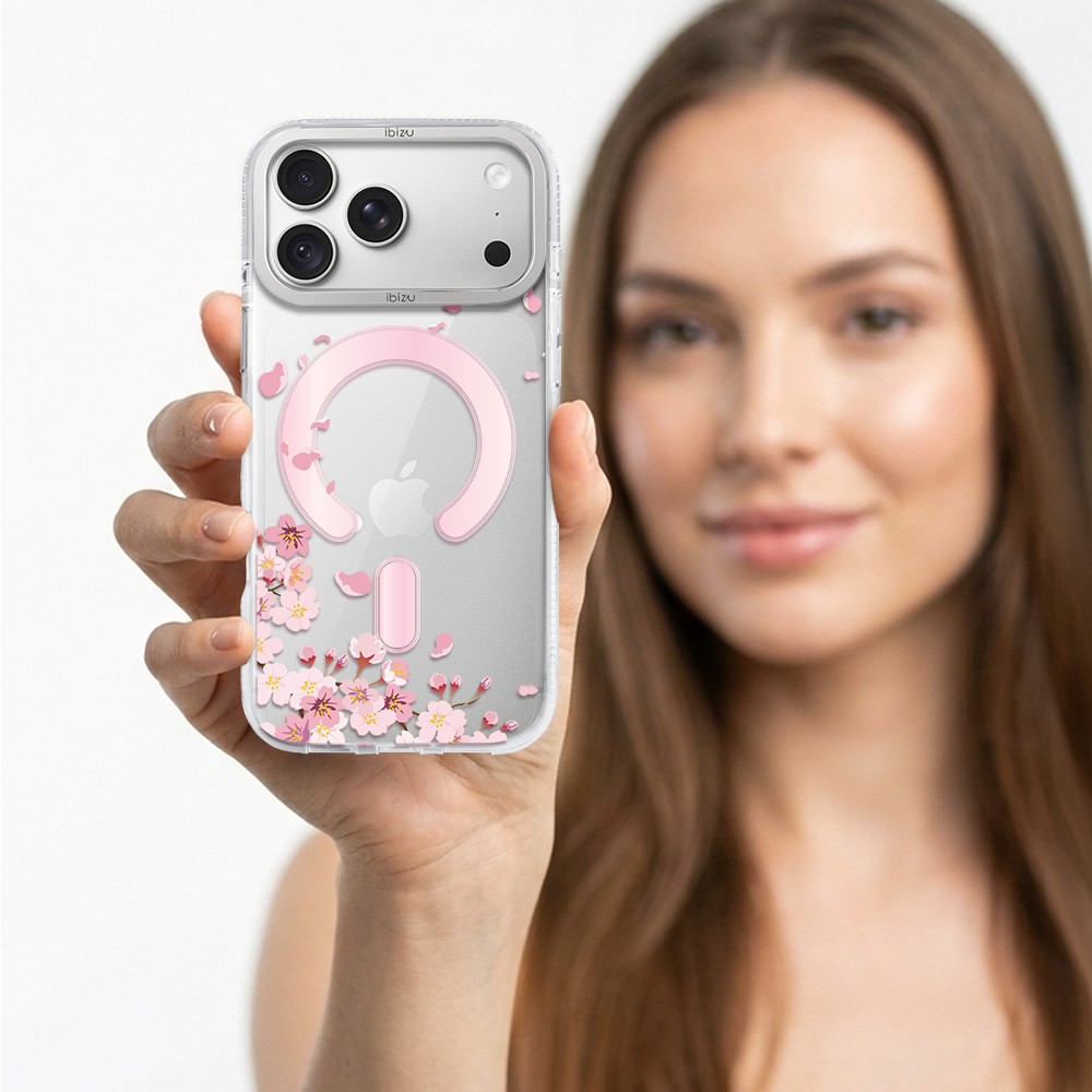 etui do iphone 18 pro max ibizu pretty clear, metalowa osłona aparatu, przeźroczyste do magsafe, kwiat wiśni
