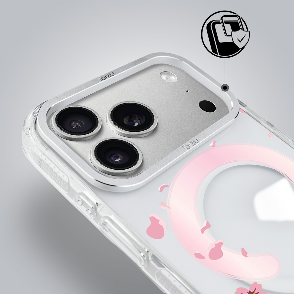 etui do iphone 18 pro max ibizu pretty clear, metalowa osłona aparatu, przeźroczyste do magsafe, kwiat wiśni