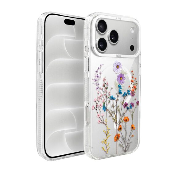 etui do iphone 18 pro max ibizu pretty clear, metalowa osłona aparatu, przeźroczyste do magsafe, kwiaty różnokolorowe
