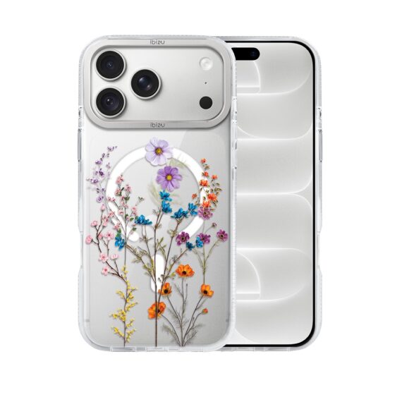 etui do iphone 18 pro max ibizu pretty clear, metalowa osłona aparatu, przeźroczyste do magsafe, kwiaty różnokolorowe