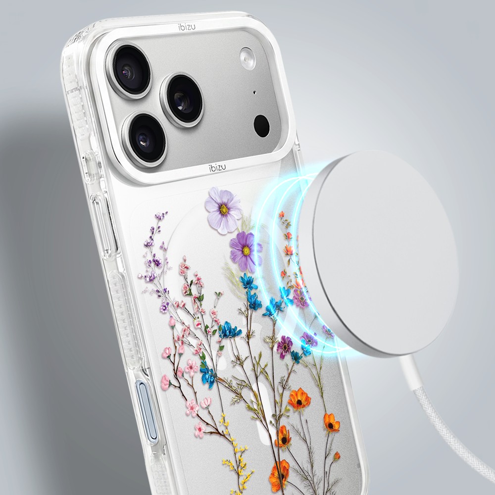 etui do iphone 18 pro max ibizu pretty clear, metalowa osłona aparatu, przeźroczyste do magsafe, kwiaty różnokolorowe
