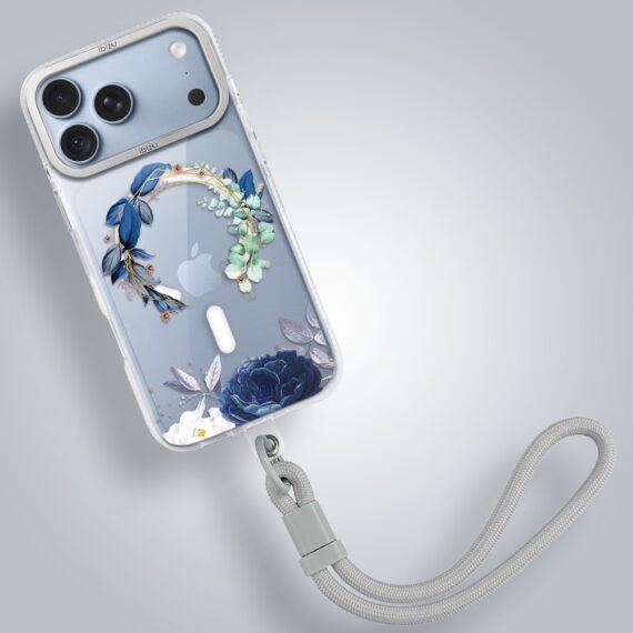 etui do iphone 18 pro max ibizu pretty clear, metalowa osłona aparatu, przeźroczyste do magsafe, niebieskie kwiaty