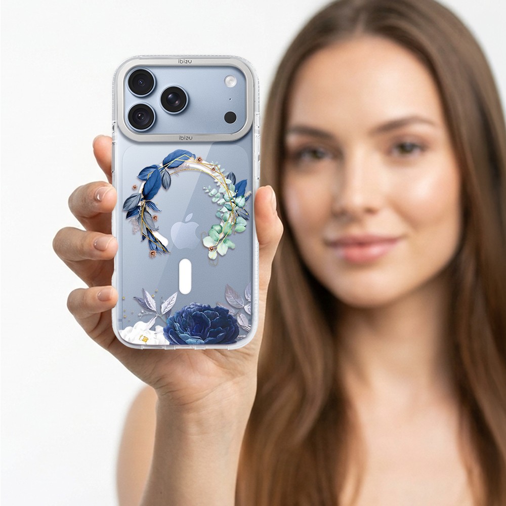 etui do iphone 18 pro max ibizu pretty clear, metalowa osłona aparatu, przeźroczyste do magsafe, niebieskie kwiaty