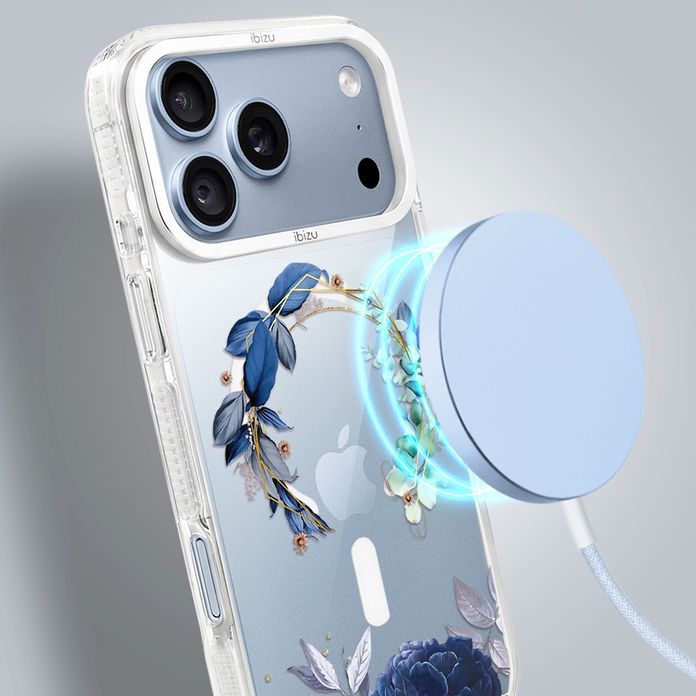 etui do iphone 18 pro max ibizu pretty clear, metalowa osłona aparatu, przeźroczyste do magsafe, niebieskie kwiaty