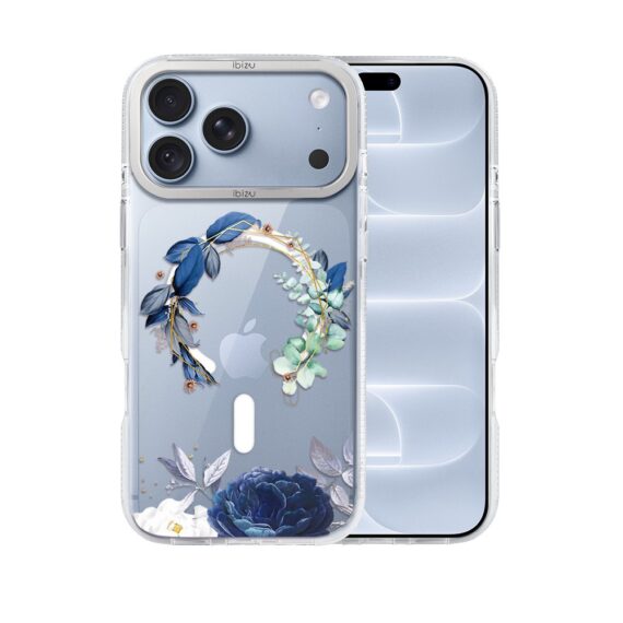 etui do iphone 18 pro max ibizu pretty clear, metalowa osłona aparatu, przeźroczyste do magsafe, niebieskie kwiaty