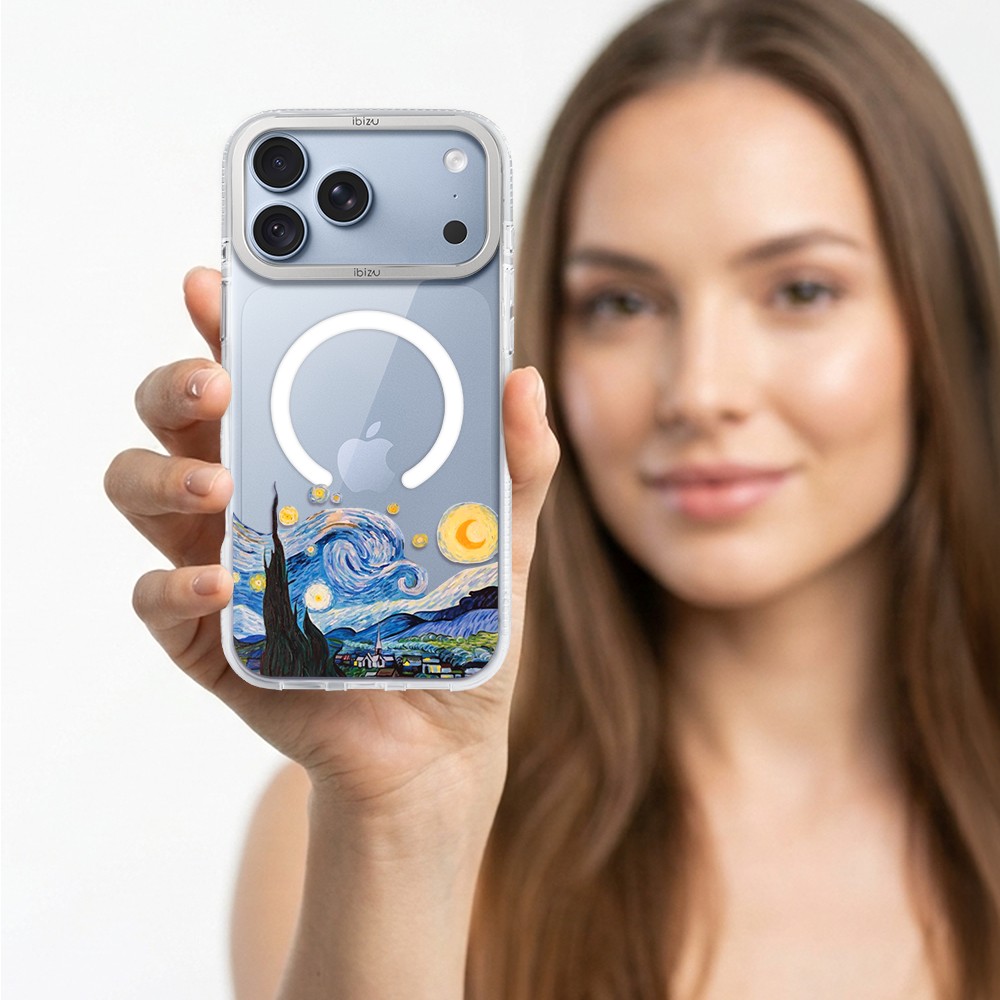etui do iphone 18 pro max ibizu pretty clear, metalowa osłona aparatu, przeźroczyste do magsafe, obraz van gogh
