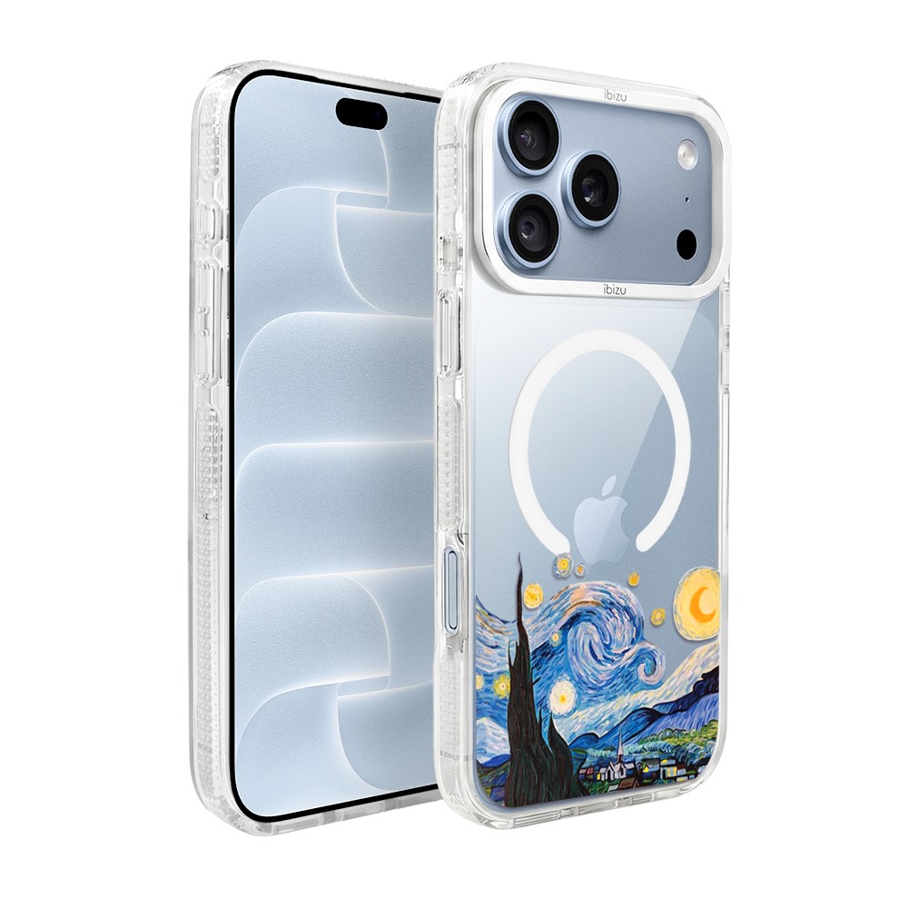 etui do iphone 18 pro max ibizu pretty clear, metalowa osłona aparatu, przeźroczyste do magsafe, obraz van gogh