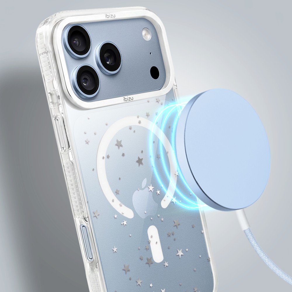etui do iphone 18 pro max ibizu pretty clear, metalowa osłona aparatu, przeźroczyste do magsafe, srebrne gwiazdki