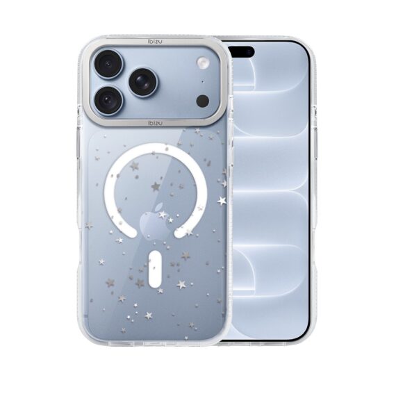 etui do iphone 18 pro max ibizu pretty clear, metalowa osłona aparatu, przeźroczyste do magsafe, srebrne gwiazdki