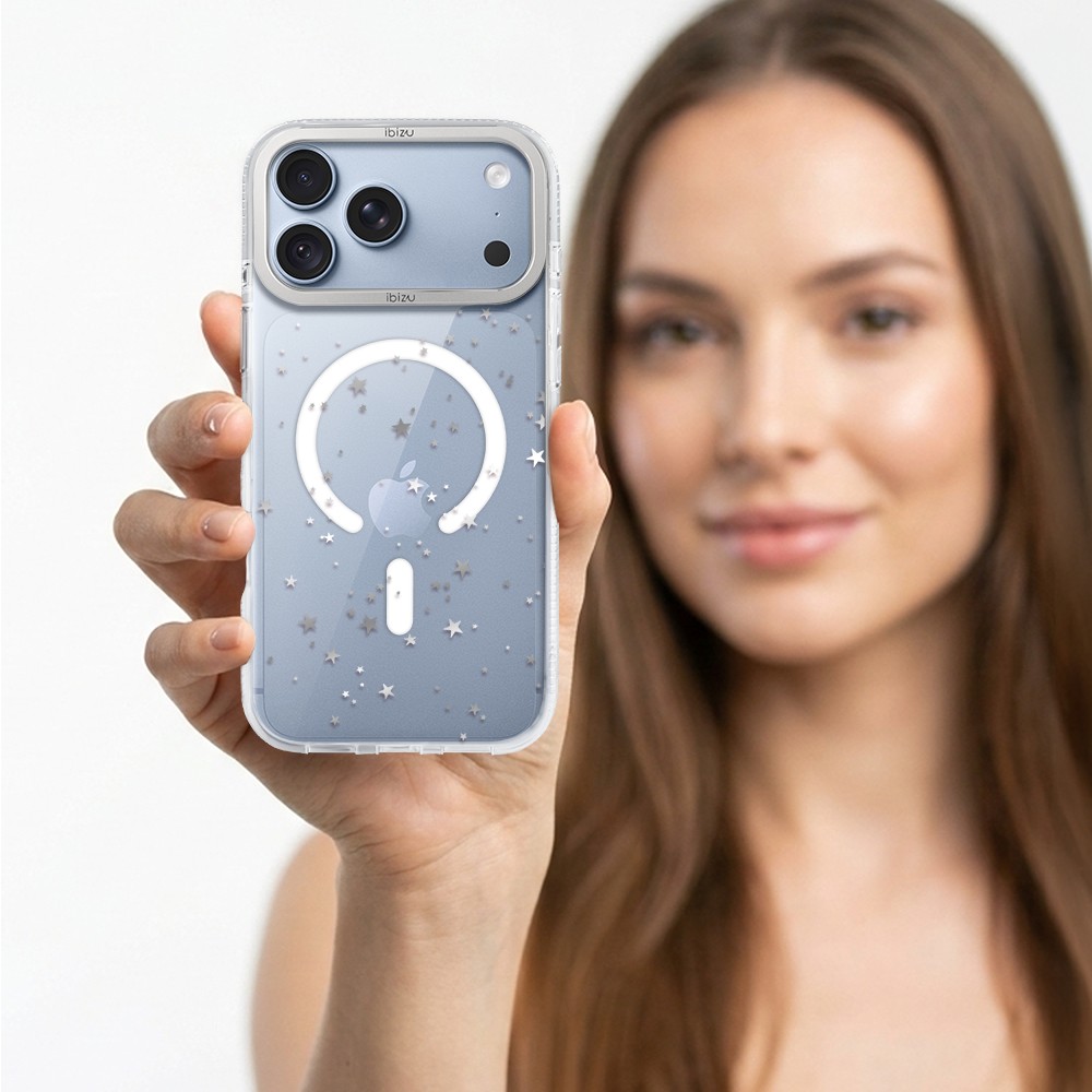 etui do iphone 18 pro max ibizu pretty clear, metalowa osłona aparatu, przeźroczyste do magsafe, srebrne gwiazdki