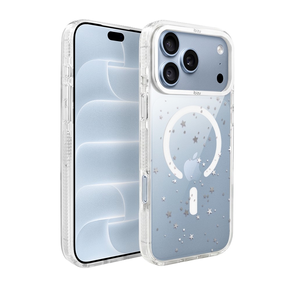 etui do iphone 18 pro max ibizu pretty clear, metalowa osłona aparatu, przeźroczyste do magsafe, srebrne gwiazdki