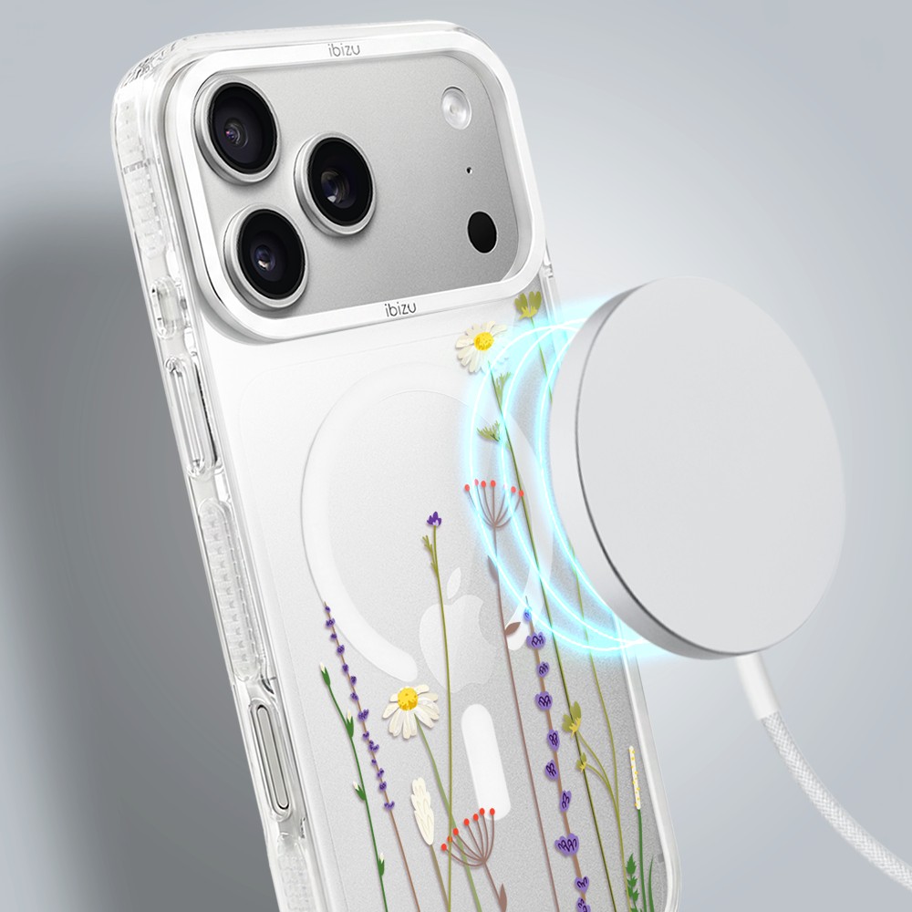 etui do iphone 18 pro max ibizu pretty clear, metalowa osłona aparatu, przeźroczyste do magsafe, wiosenne kwiaty