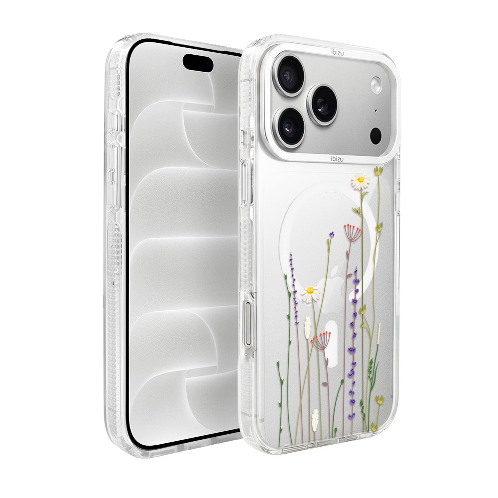 etui do iphone 18 pro max ibizu pretty clear, metalowa osłona aparatu, przeźroczyste do magsafe, wiosenne kwiaty