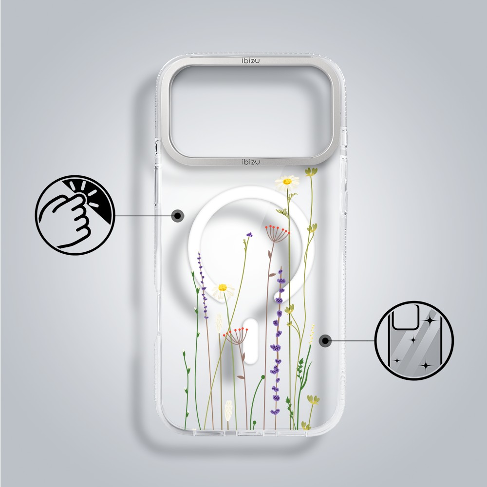 etui do iphone 18 pro max ibizu pretty clear, metalowa osłona aparatu, przeźroczyste do magsafe, wiosenne kwiaty