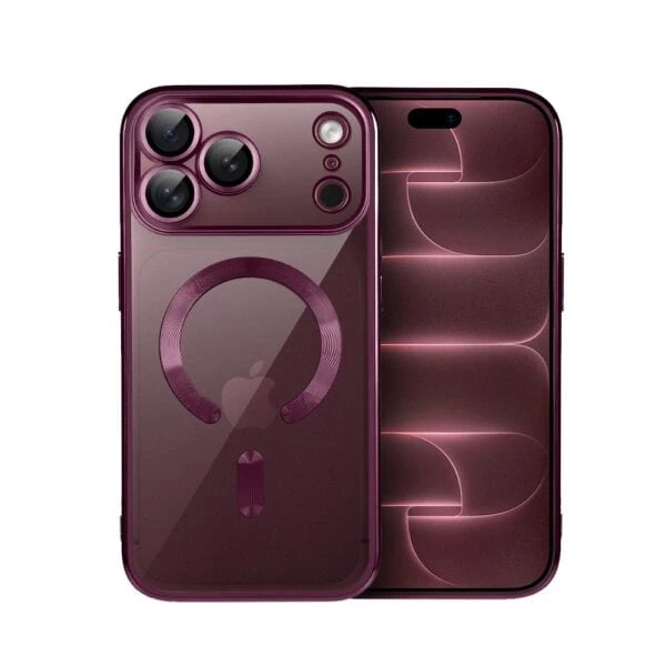 Etui do iPhone 18 Pro MagSafe Luxury Protect przeźroczyste, hybrydowa ochrona kamery, burgundowe