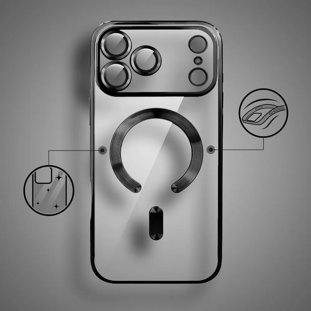 etui do iphone 18 pro max magsafe luxury protect przeźroczyste, hybrydowa ochrona kamery, czarne