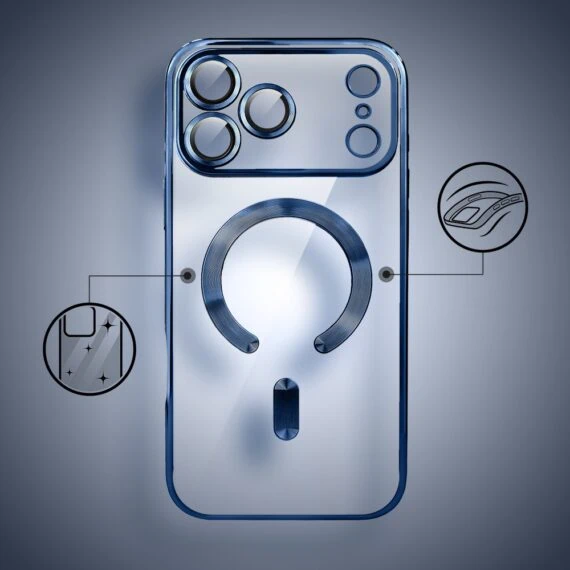etui do iphone 18 pro max magsafe luxury protect przeźroczyste, hybrydowa ochrona kamery, granatowe