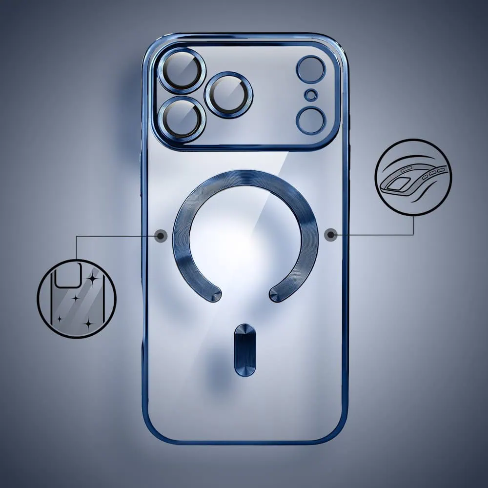 etui do iphone 18 pro max magsafe luxury protect przeźroczyste, hybrydowa ochrona kamery, granatowe