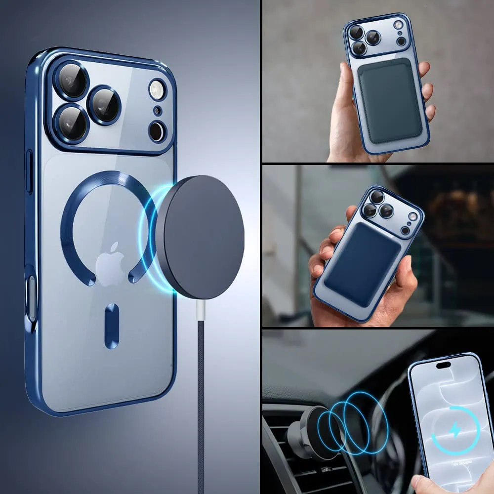 etui do iphone 18 pro max magsafe luxury protect przeźroczyste, hybrydowa ochrona kamery, granatowe