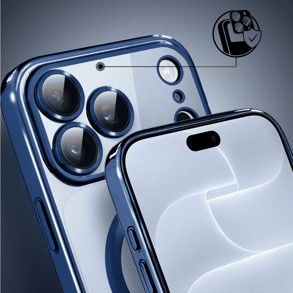 etui do iphone 18 pro max magsafe luxury protect przeźroczyste, hybrydowa ochrona kamery, granatowe