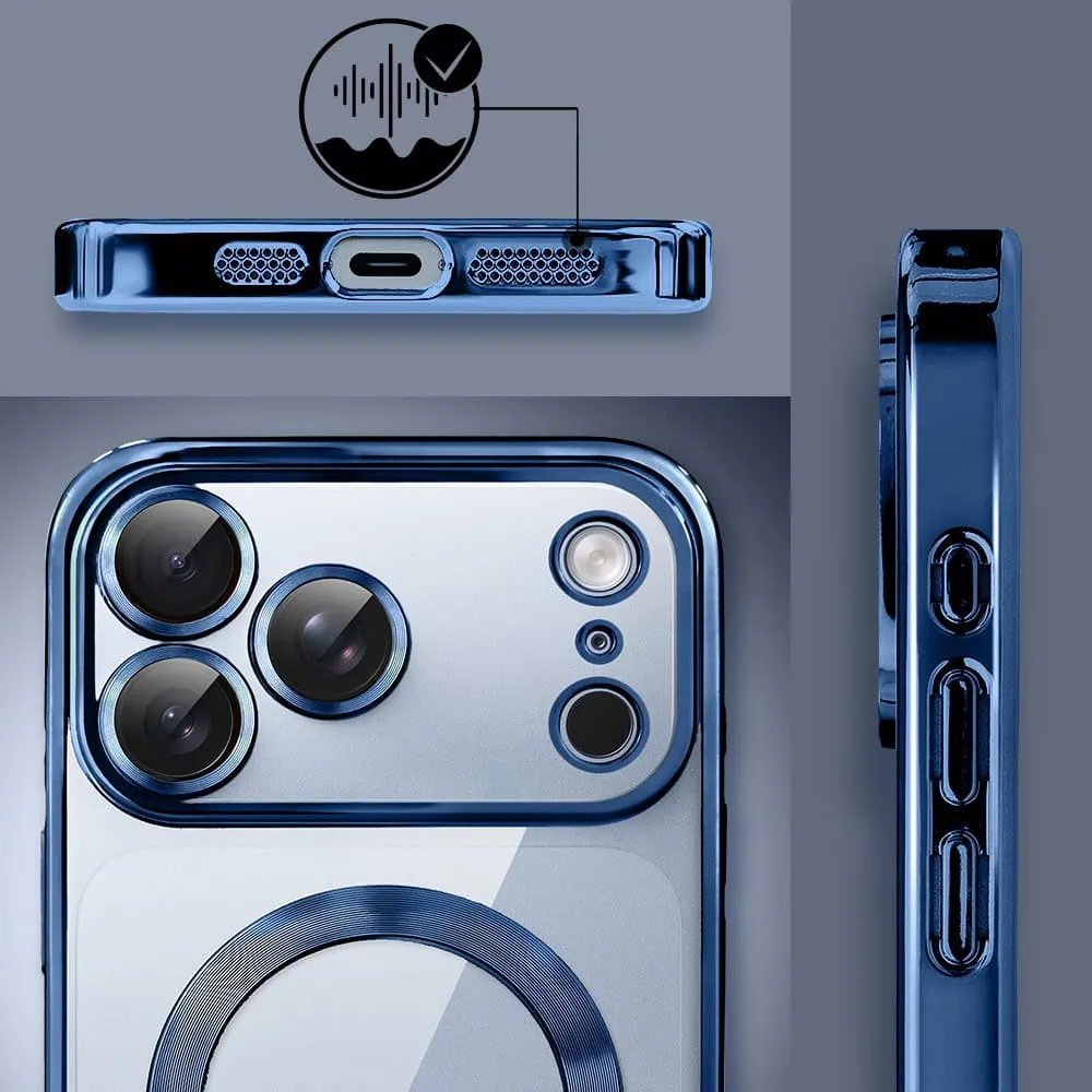 etui do iphone 18 pro max magsafe luxury protect przeźroczyste, hybrydowa ochrona kamery, granatowe