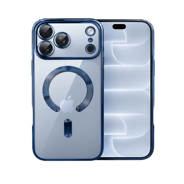 Etui do iPhone 18 Pro Max MagSafe Luxury Protect przeźroczyste, hybrydowa ochrona kamery, granatowe
