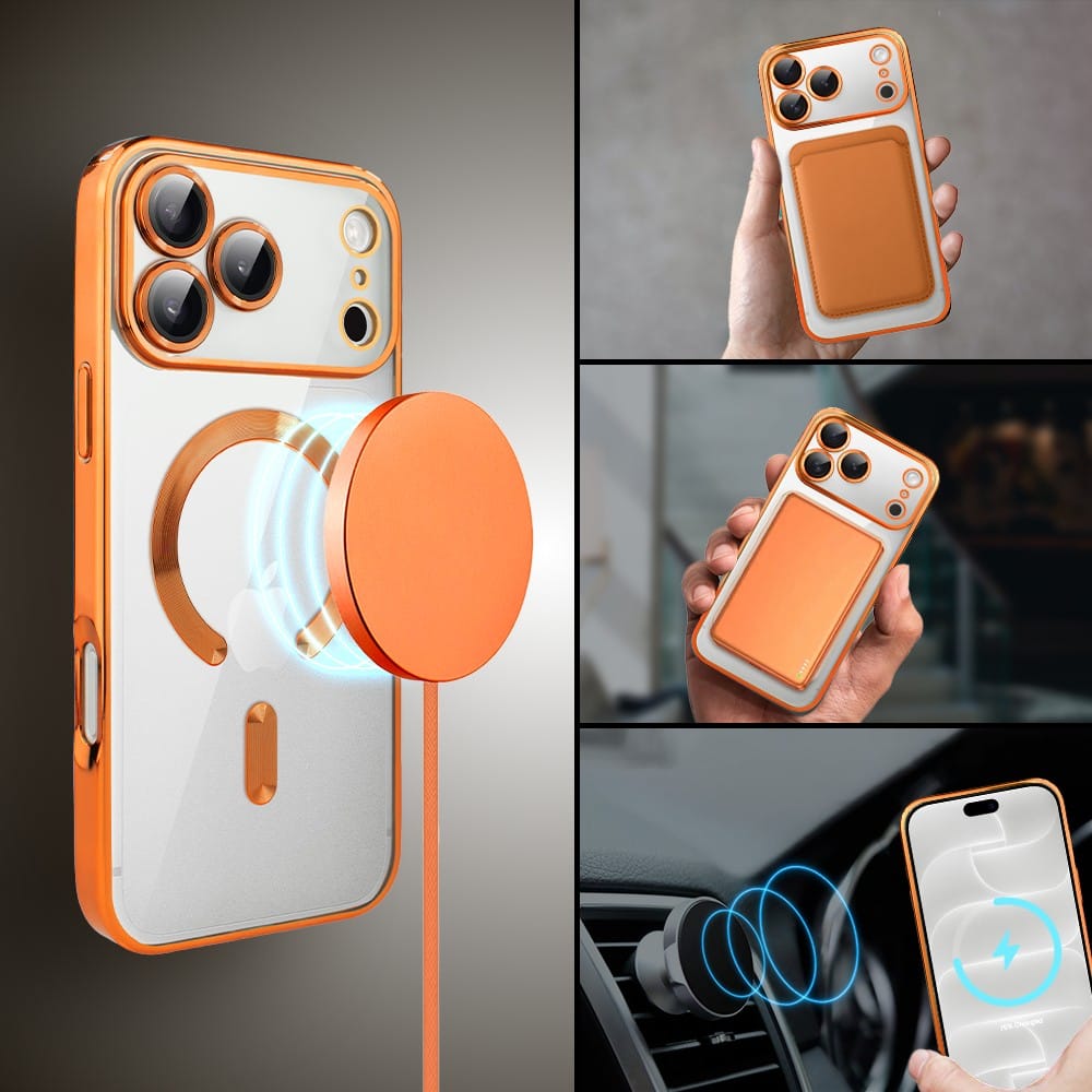 etui do iphone 18 pro max magsafe luxury protect przeźroczyste, hybrydowa ochrona kamery, pomarańczowe