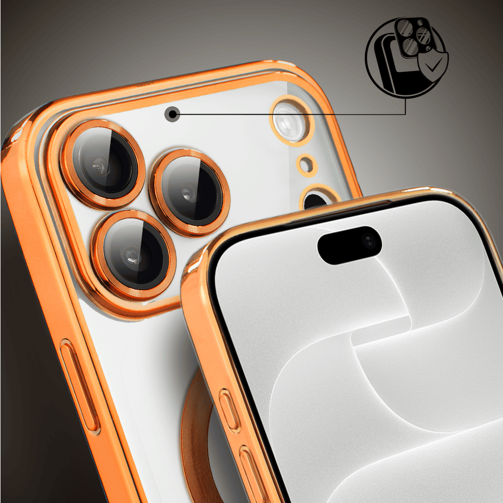 etui do iphone 18 pro max magsafe luxury protect przeźroczyste, hybrydowa ochrona kamery, pomarańczowe