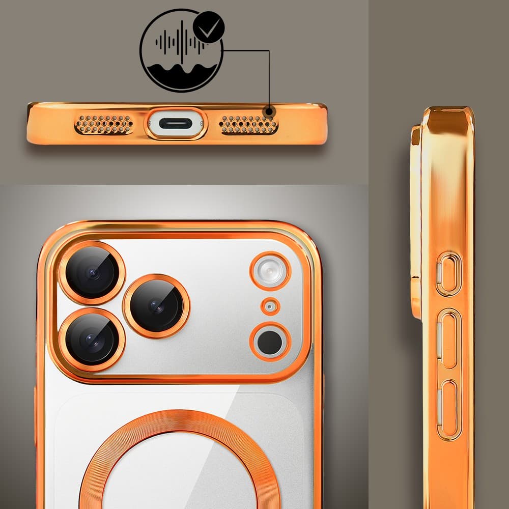 etui do iphone 18 pro max magsafe luxury protect przeźroczyste, hybrydowa ochrona kamery, pomarańczowe