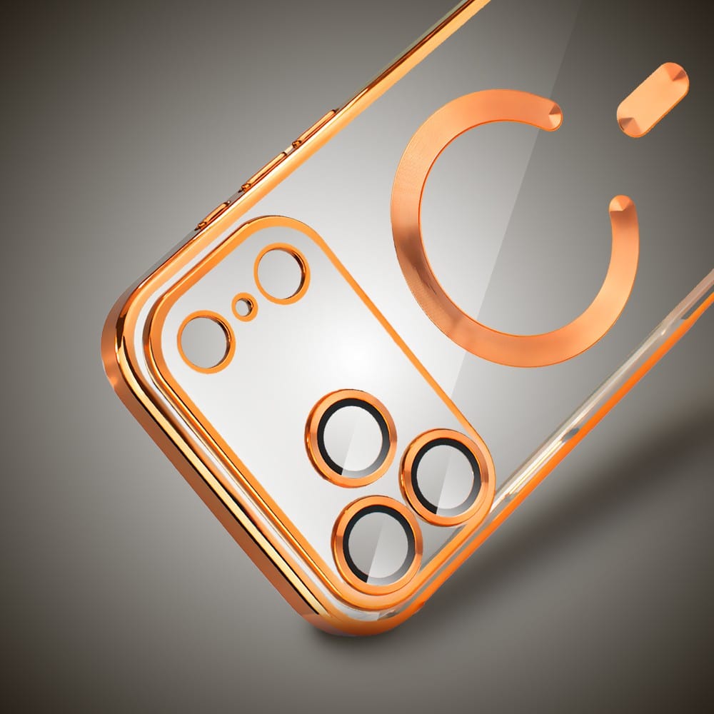 etui do iphone 18 pro max magsafe luxury protect przeźroczyste, hybrydowa ochrona kamery, pomarańczowe