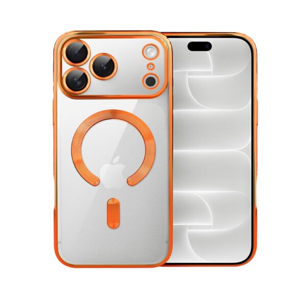 Etui do iPhone 18 Pro Max MagSafe Luxury Protect przeźroczyste, hybrydowa ochrona kamery, pomarańczowe