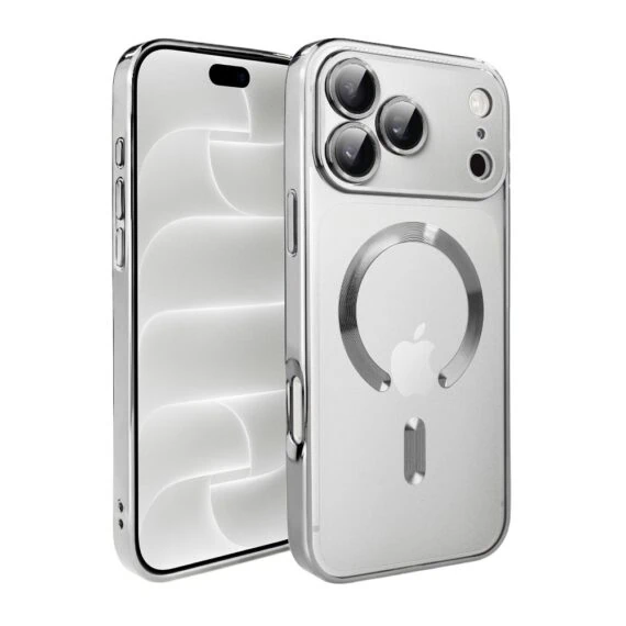 etui do iphone 18 pro max magsafe luxury protect przeźroczyste, hybrydowa ochrona kamery, srebrne