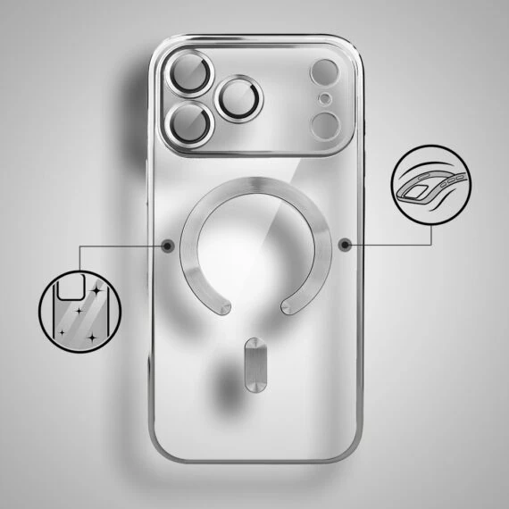 etui do iphone 18 pro max magsafe luxury protect przeźroczyste, hybrydowa ochrona kamery, srebrne
