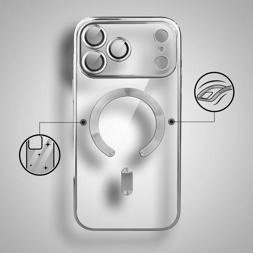 etui do iphone 18 pro max magsafe luxury protect przeźroczyste, hybrydowa ochrona kamery, srebrne