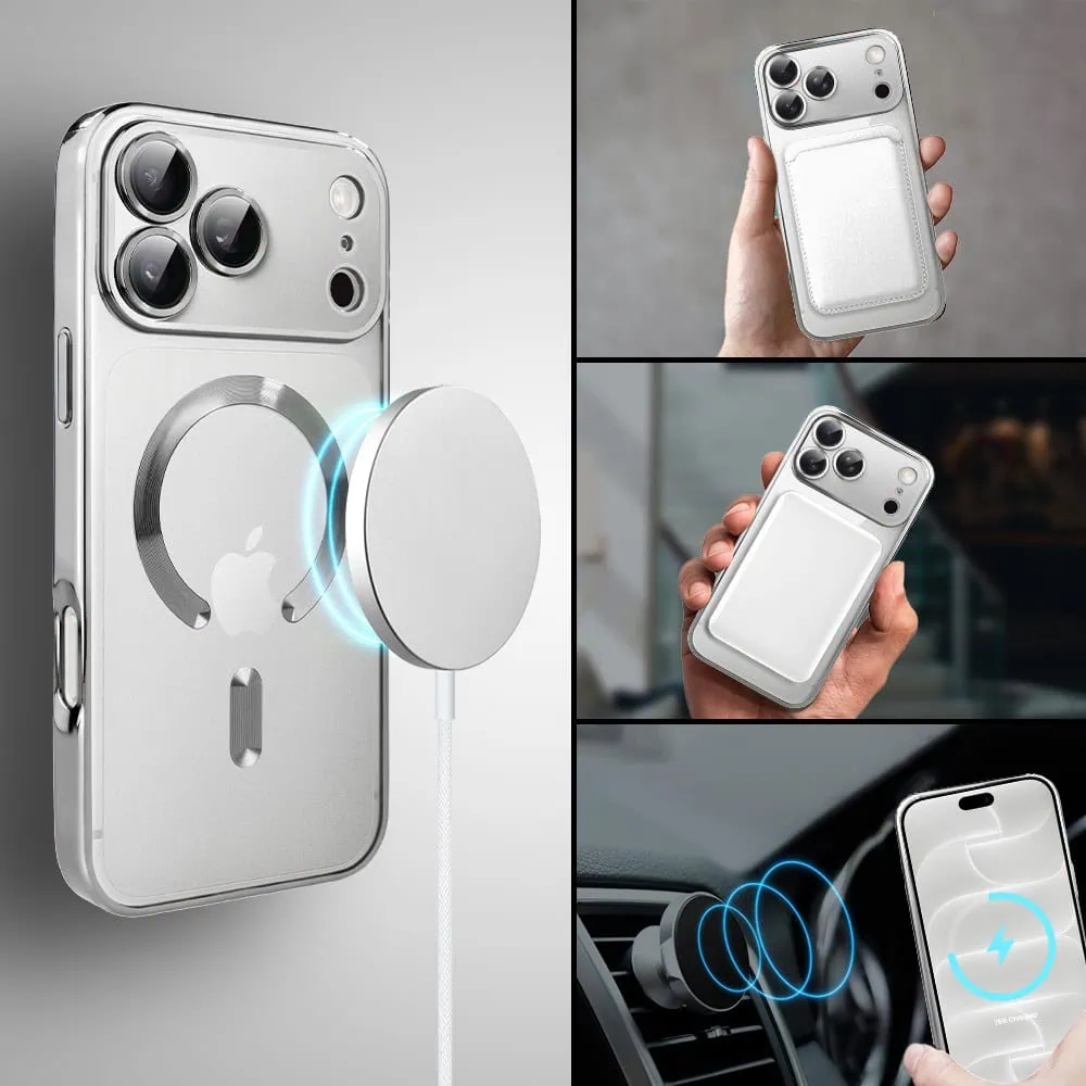 etui do iphone 18 pro max magsafe luxury protect przeźroczyste, hybrydowa ochrona kamery, srebrne