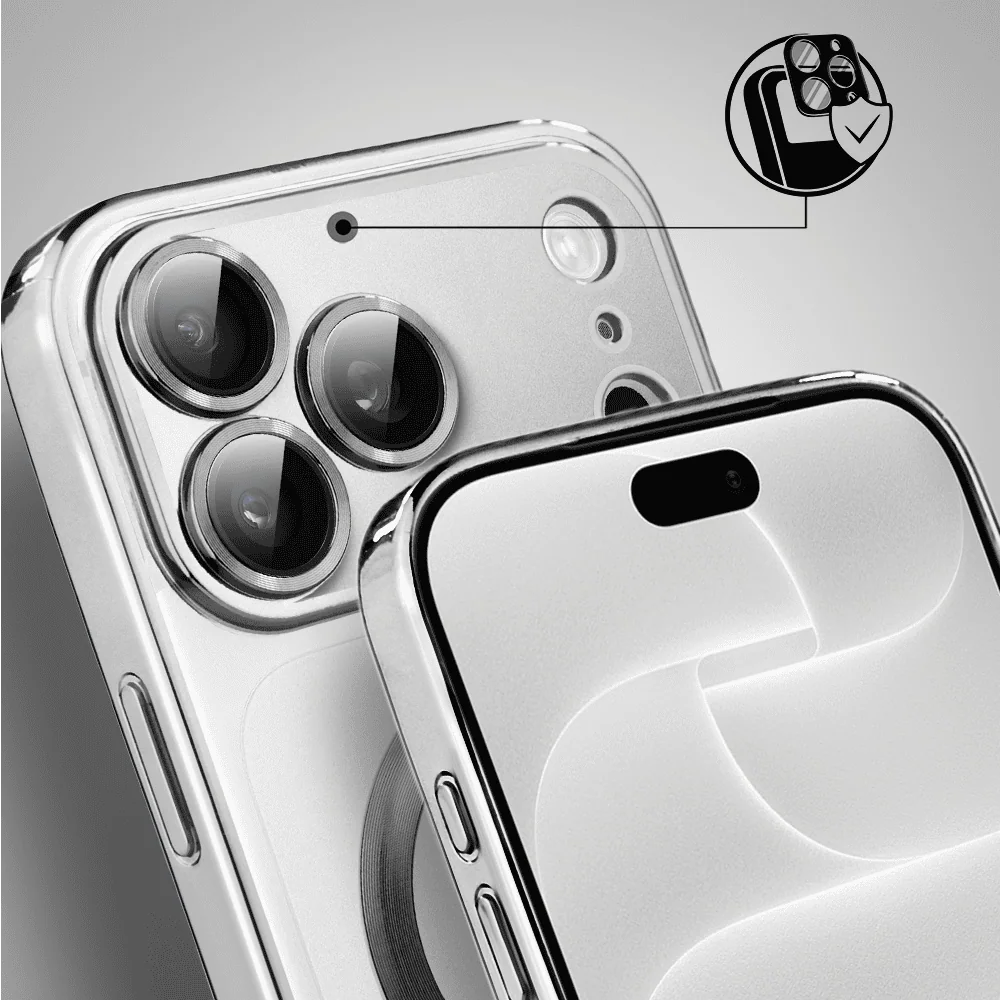 etui do iphone 18 pro max magsafe luxury protect przeźroczyste, hybrydowa ochrona kamery, srebrne